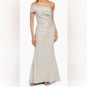 Asymmetric Off-The-Shoulder Gown/Mermaid Champagne Metallic Fabric with Stretch